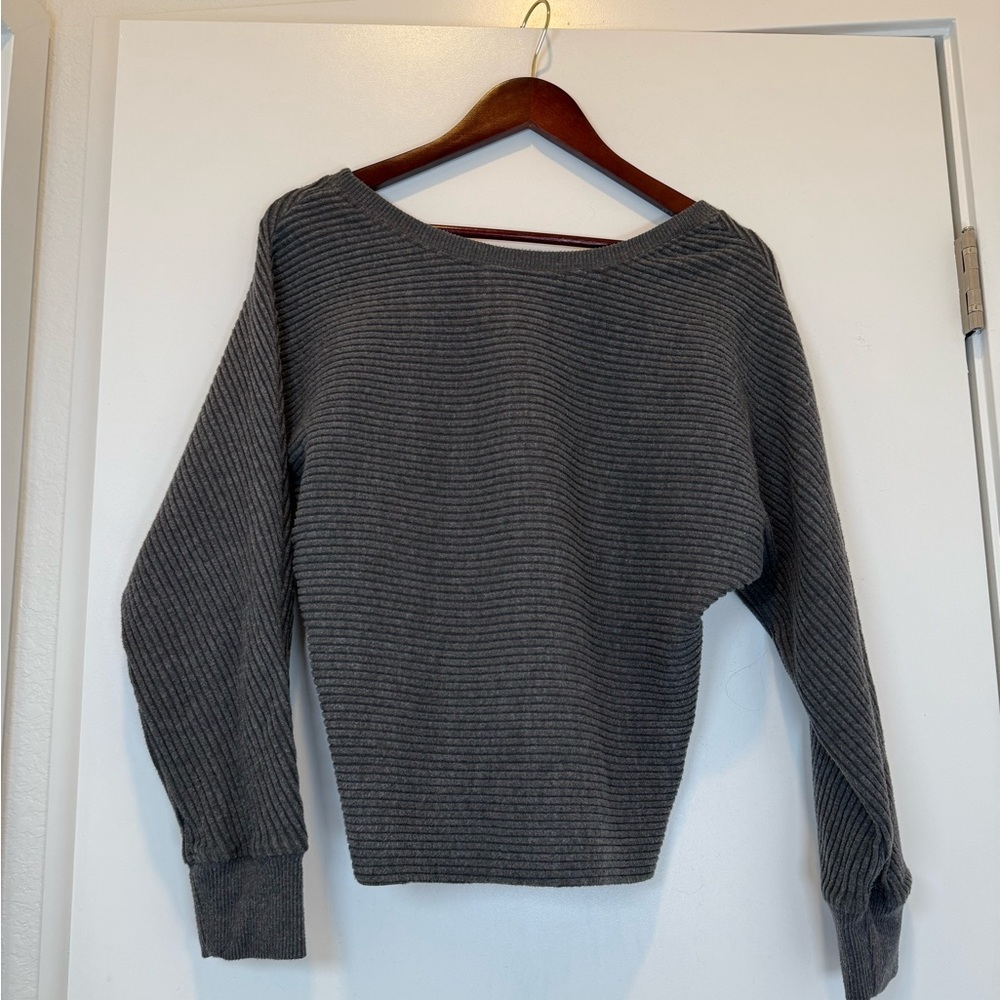 Joah Brown Charcoal Ribbed, Striped, Slouchy Long Sleeve Sweater Top Tee - Picture 5 of 6